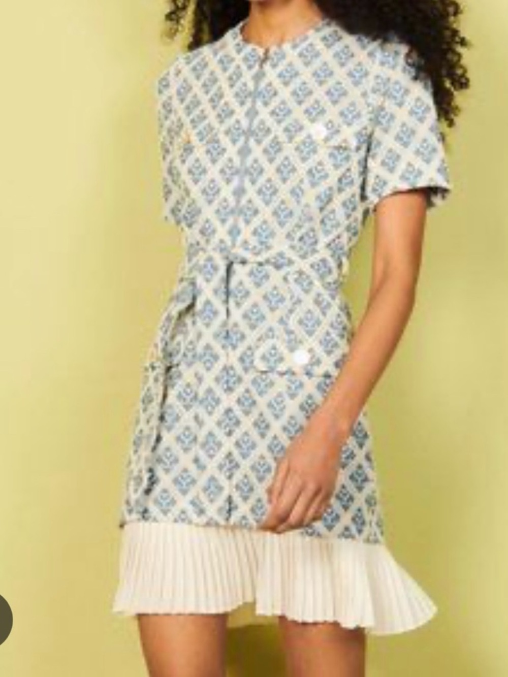 Sandro Blue and White Printed Short-Sleeve Tie-Waist Mini Dress